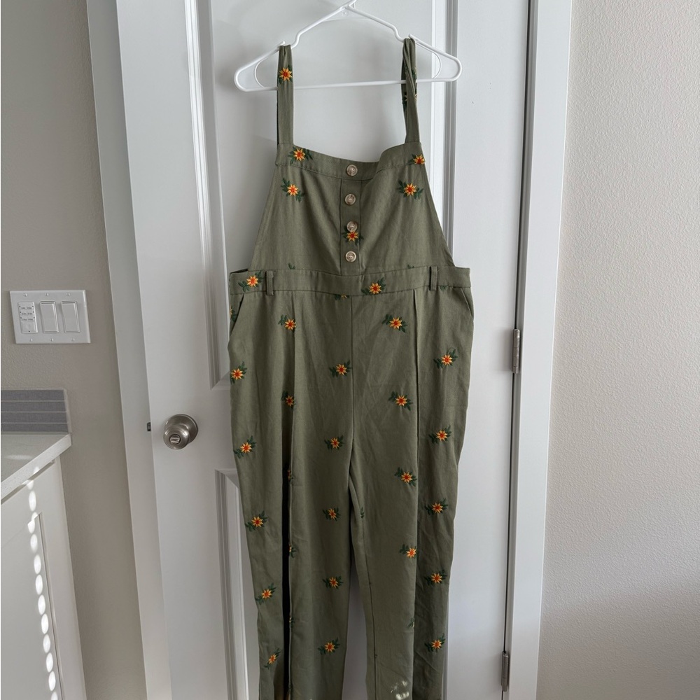 Cider Olive Green Jumpsuit with Floral Embroidery